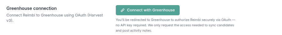 Connect with Greenhouse button in Reimbi integration settings