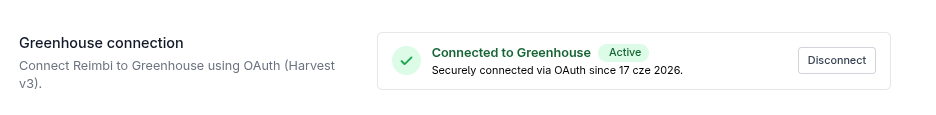 Connect with Greenhouse button in Reimbi integration settings. Status connected